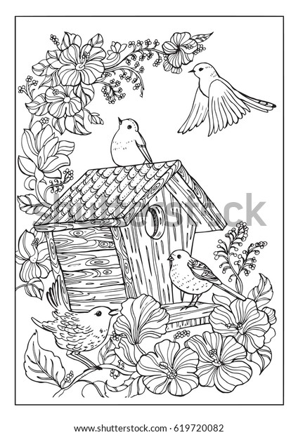 Birds House Coloring Page Stock Vector Royalty Free 619720082