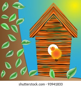 birds house on a tree, leaves and water drops; abstract vector art illustration; image contains transparency