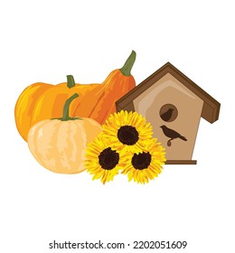 birds house, sunflowers and pumpkins, vector