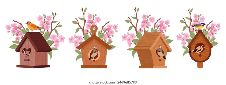 Birds houses on blooming tree. Wooden bird nest, cute handcrafted birdhouse on tree branch flat vector illustration set. Cartoon bird home feeders collection