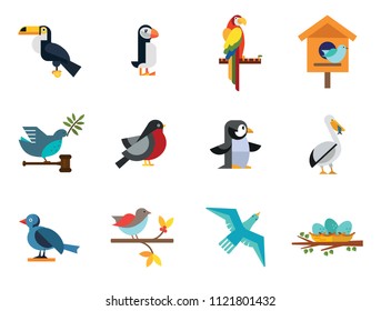 Birds Icon Set. Birdhouse Nest With Eggs Bullfinch Bird Sitting On Branch Blue Bird Dove With Olive Twig Flying Bird Parrot Pelican And Fish Titmouse Toucan Puffin Penguin