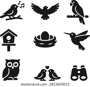 Birds icon set black silhouettes vector illustration, wild bird species flat icons isolated
