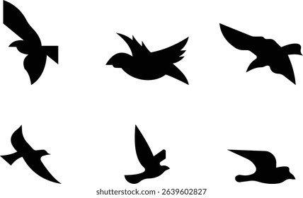 Birds icon set, Flying birds, animals, black silhouette, monochrome bird logo, abstract sticker on house wall or glass, Printable, protect birds from impact symbols, template designs art elements