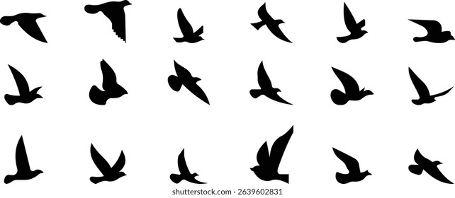 Birds icon set, Flying birds, animals, black silhouette, monochrome bird logo, abstract sticker on house wall or glass, Printable, protect birds from impact symbols, template designs art elements