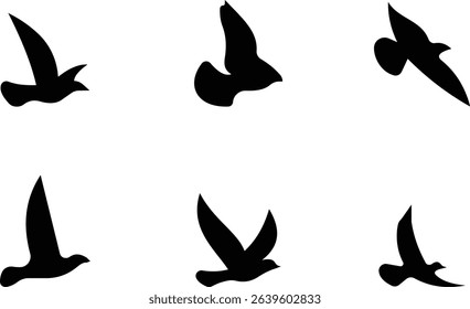 Birds icon set, Flying birds, animals, black silhouette, monochrome bird logo, abstract sticker on house wall or glass, Printable, protect birds from impact symbols, template designs art elements