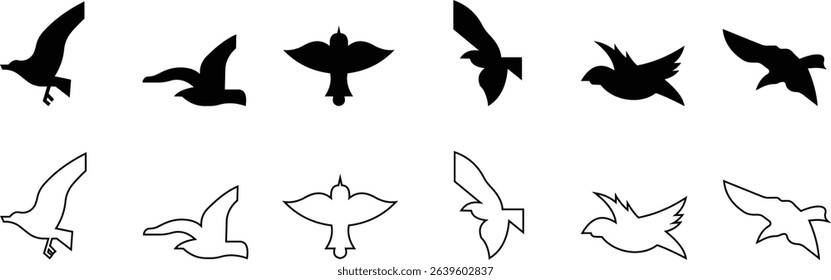 Birds icon set, Flying birds, animals, black silhouette, monochrome bird logo, abstract sticker on house wall or glass, Printable, protect birds from impact symbols, template designs art elements