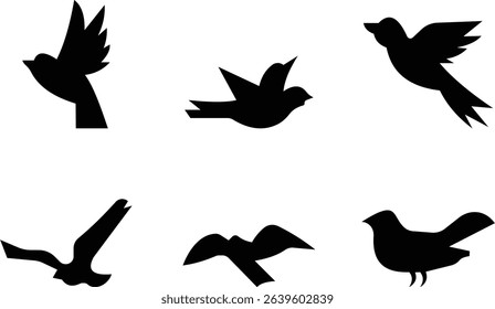 Birds icon set, Flying birds, animals, black silhouette, monochrome bird logo, abstract sticker on house wall or glass, Printable, protect birds from impact symbols, template designs art elements