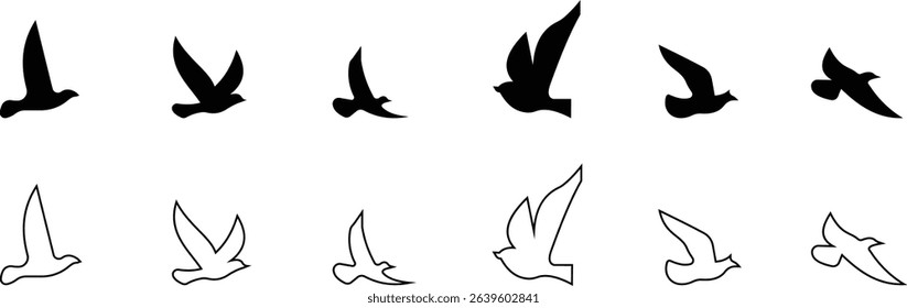 Birds icon set, Flying birds, animals, black silhouette, monochrome bird logo, abstract sticker on house wall or glass, Printable, protect birds from impact symbols, template designs art elements