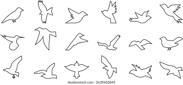 Birds icon set, Flying birds, animals, black silhouette, monochrome bird logo, abstract sticker on house wall or glass, Printable, protect birds from impact symbols, template designs art elements