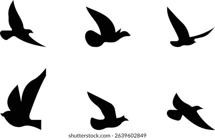 Birds icon set, Flying birds, animals, black silhouette, monochrome bird logo, abstract sticker on house wall or glass, Printable, protect birds from impact symbols, template designs art elements