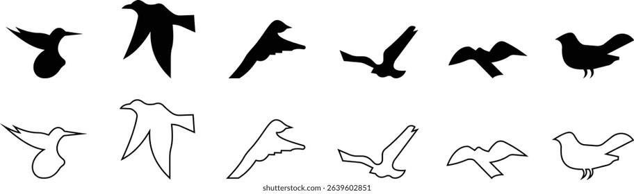 Birds icon set, Flying birds, animals, black silhouette, monochrome bird logo, abstract sticker on house wall or glass, Printable, protect birds from impact symbols, template designs art elements