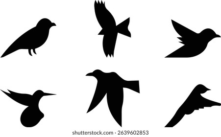 Birds icon set, Flying birds, animals, black silhouette, monochrome bird logo, abstract sticker on house wall or glass, Printable, protect birds from impact symbols, template designs art elements