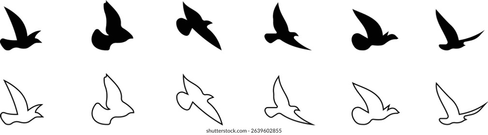 Birds icon set, Flying birds, animals, black silhouette, monochrome bird logo, abstract sticker on house wall or glass, Printable, protect birds from impact symbols, template designs art elements