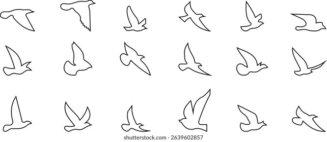 Birds icon set, Flying birds, animals, black silhouette, monochrome bird logo, abstract sticker on house wall or glass, Printable, protect birds from impact symbols, template designs art elements