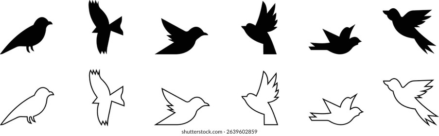 Birds icon set, Flying birds, animals, black silhouette, monochrome bird logo, abstract sticker on house wall or glass, Printable, protect birds from impact symbols, template designs art elements