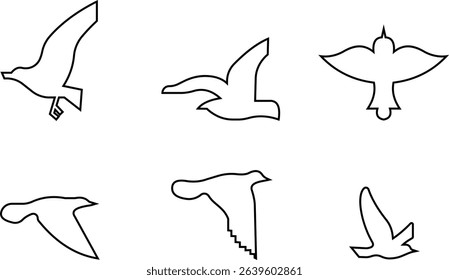 Birds icon set, Flying birds, animals, black silhouette, monochrome bird logo, abstract sticker on house wall or glass, Printable, protect birds from impact symbols, template designs art elements