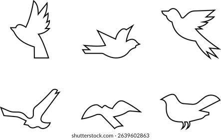 Birds icon set, Flying birds, animals, black silhouette, monochrome bird logo, abstract sticker on house wall or glass, Printable, protect birds from impact symbols, template designs art elements