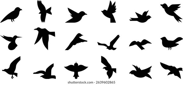 Birds icon set, Flying birds, animals, black silhouette, monochrome bird logo, abstract sticker on house wall or glass, Printable, protect birds from impact symbols, template designs art elements