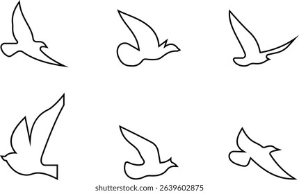 Birds icon set, Flying birds, animals, black silhouette, monochrome bird logo, abstract sticker on house wall or glass, Printable, protect birds from impact symbols, template designs art elements