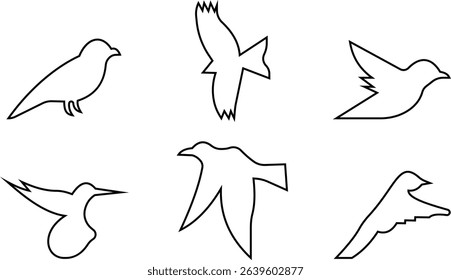 Birds icon set, Flying birds, animals, black silhouette, monochrome bird logo, abstract sticker on house wall or glass, Printable, protect birds from impact symbols, template designs art elements