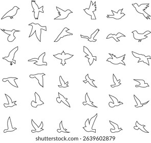 Birds icon set, Flying birds, animals, black silhouette, monochrome bird logo, abstract sticker on house wall or glass, Printable, protect birds from impact symbols, template designs art elements