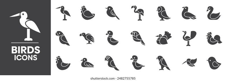 Birds Icons Set, Containing All Birds Signs Icons Outlines, Vector Illustration Collection Editable eps10