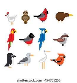 Birds icons set. Pixel art. Old school computer graphic style. Games elements.