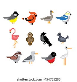 Birds icons set. Pixel art. Old school computer graphic style. Games elements.