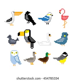 Birds icons set. Pixel art. Old school computer graphic style. Games elements.