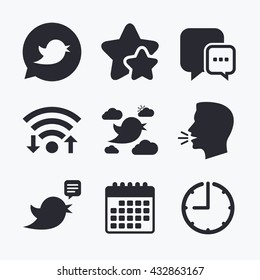 Birds icons. Social media speech bubble. Short messages chat symbol. Wifi internet, favorite stars, calendar and clock. Talking head. Vector