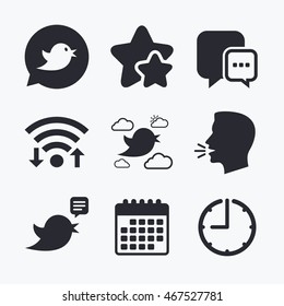 Birds icons. Social media speech bubble. Chat bubble with three dots symbol. Wifi internet, favorite stars, calendar and clock. Talking head. Vector