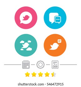 Birds icons. Social media speech bubble. Short messages chat symbol. Calendar, cogwheel and report linear icons. Star vote ranking. Vector