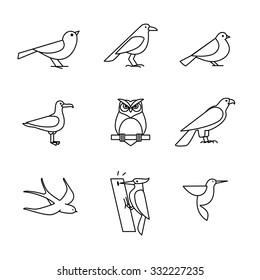 Birds Icons Thin Line Art Set. Black Vector Symbols Isolated On White.