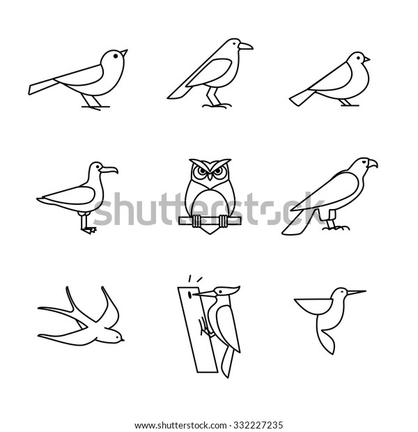 鳥のアイコン細い線画セット 白い背景に黒いベクター画像シンボル のベクター画像素材 ロイヤリティフリー