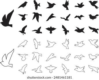 Iconos de pájaros Vectores Conjunto plano, estilos de línea, colibríes negros. Símbolos de Naturaleza, signos de ilustración voladora. Logotipos de aves y alas, diseños de vida silvestre de Plantilla de avión aislados sobre fondo transparente.