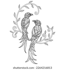 Birds and ivy hand drawn for adult coloring book