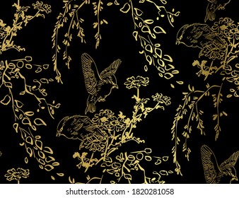 birds japanese chinese design sketch ink paint style seamless