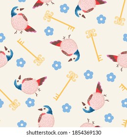 Birds and Jewels Vector Seamless Pattern