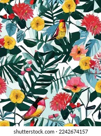 Birds, jungle and floral illustration with outlines. Pattern for wallpapers, fabrics, wrappers, postcards, greeting cards, wedding invitations, banners.