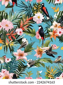 Birds, jungle and floral illustration with outlines. Pattern for wallpapers, fabrics, wrappers, postcards, greeting cards, wedding invitations, banners.