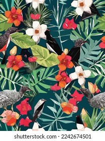 Birds, jungle and floral illustration with outlines. Pattern for wallpapers, fabrics, wrappers, postcards, greeting cards, wedding invitations, banners.