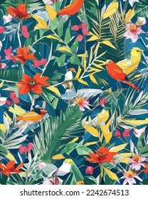 Birds, jungle and floral illustration with outlines. Pattern for wallpapers, fabrics, wrappers, postcards, greeting cards, wedding invitations, banners.