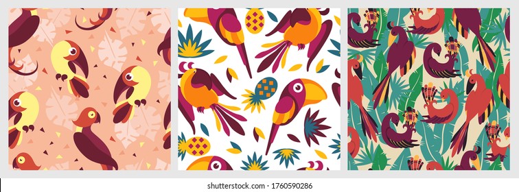 Birds in jungle pattern seamless. Exotic creative tropical birds toucan bird of paradise background colorful trees leaves and abstract vector fruits colored trendy parrots on branches.