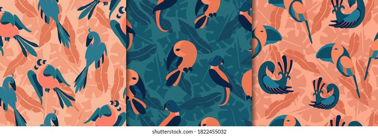 Birds in jungle seamless pattern. Exotic parrots orange green tropical paradise with toucans jungle vines and flowers beautiful brazilian fauna with hawaiian flora trendy vector decoration.