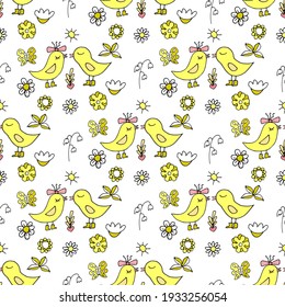 Birds kissing flowers seamless pattern. Little birds in love are kissing surrounded by flowers and the sun. Cool doodles are perfect backgrounds for textiles, prints and digital paper. 