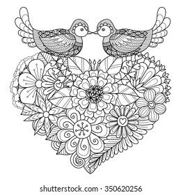 Birds kissing on floral heart shape nest for coloring book and other decorations