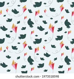 Birds and kites pattern in cartoon style. Vector seamless texture on blue background. For textile, wall paper, background, fabric prints.