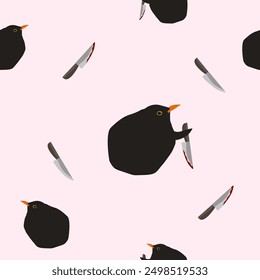 Birds with knives funny pink vector seamless pattern.