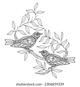 Birds and leaf hand drawn for adult coloring book