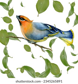 Birds and leaves. Can be used as a postcard, cover background or for a web message. Vector illustration in a watercolor style
